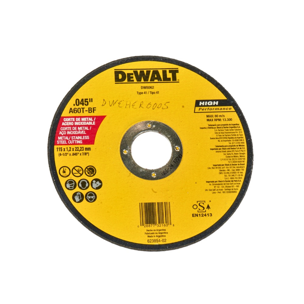 Disco corte metal hp 4-1/2 x 0.045 x 7/8 dewalt