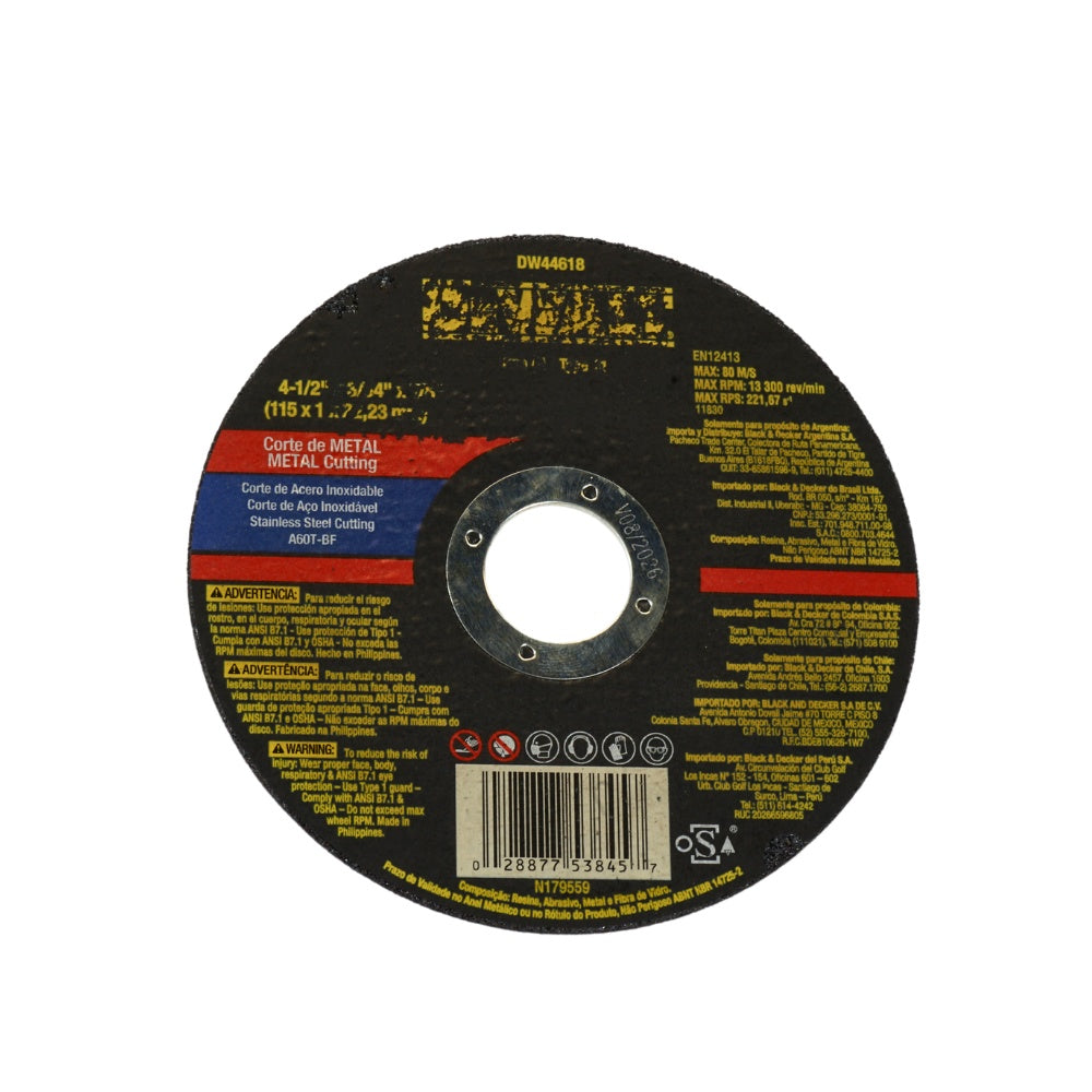 Disco corte inox 4-1/2 x 3/64 dewalt