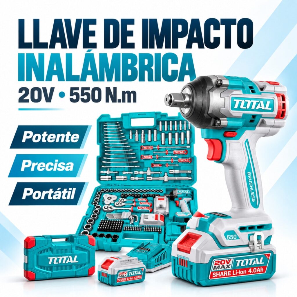 Combo TOTAL P20S – Llave de Impacto Inalámbrica 20 V 550 Nm + Juego de 172 Herramientas