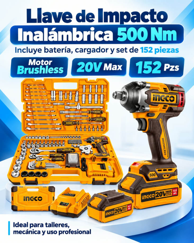Kit INGCO – Llave de impacto inalámbrica 20 V 500 Nm + set de 152 piezas