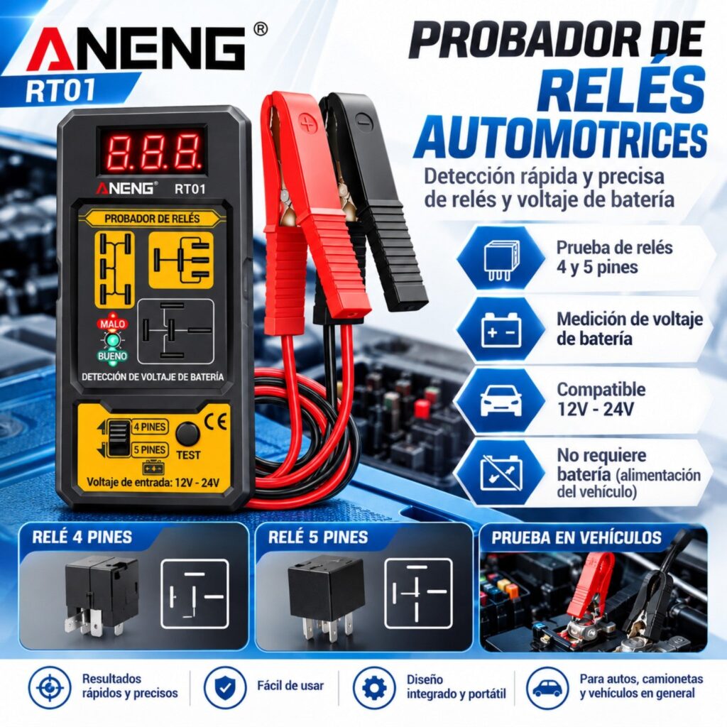 PROBADOR DE RELÉS AUTOMOTRICES ANENG RT01 12V–24V